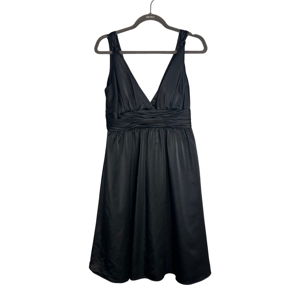 Calvin Klein Fit Flare Dress Sz S Black Satin V-Neck Cocktail Empire Waist LBD